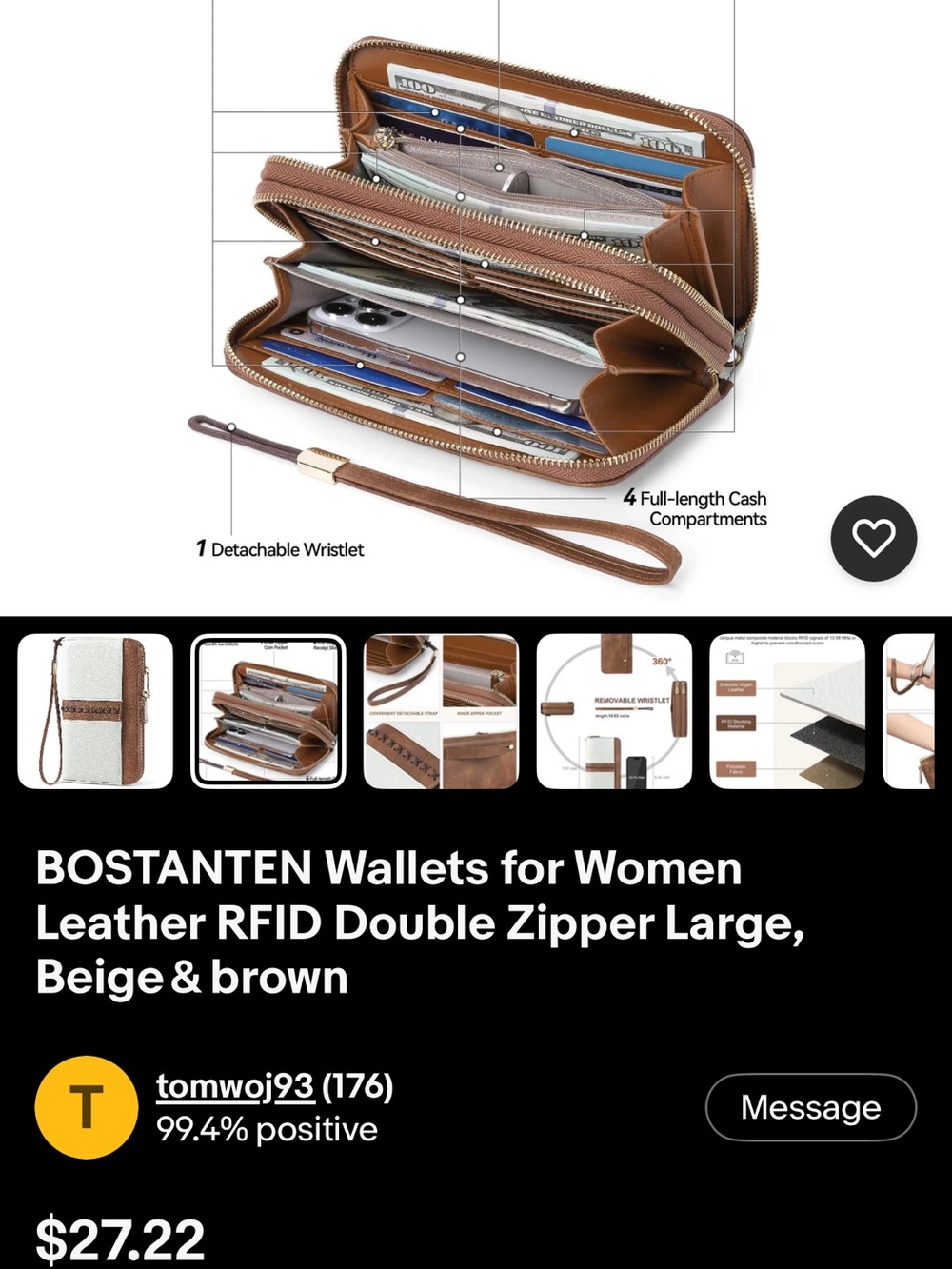 Bostanen RFID White and Brown double zip Full Capacity Wristlet Wallet - Picture 8 of 16